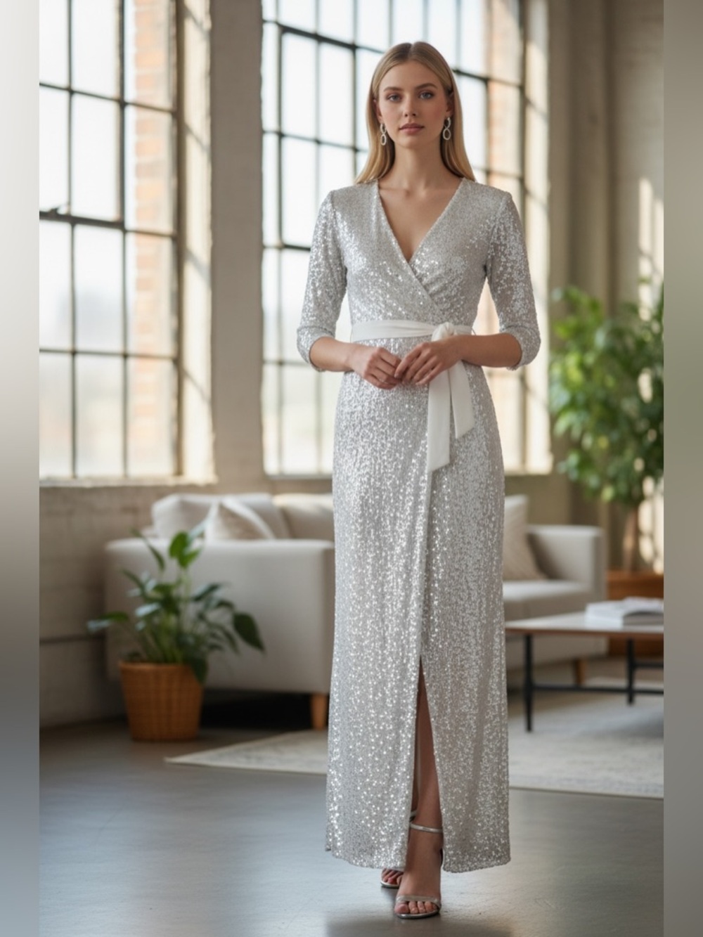 Diane Von Furstenberg Silver Sequin Embellished Wrap Dress Size M